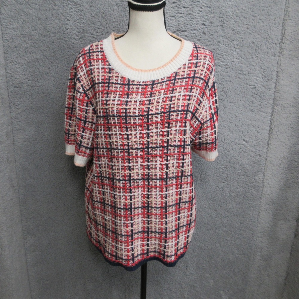 Ann Taylor Textured Sweater Womens L Red Blue Plaid Knit Preppy Classic Office